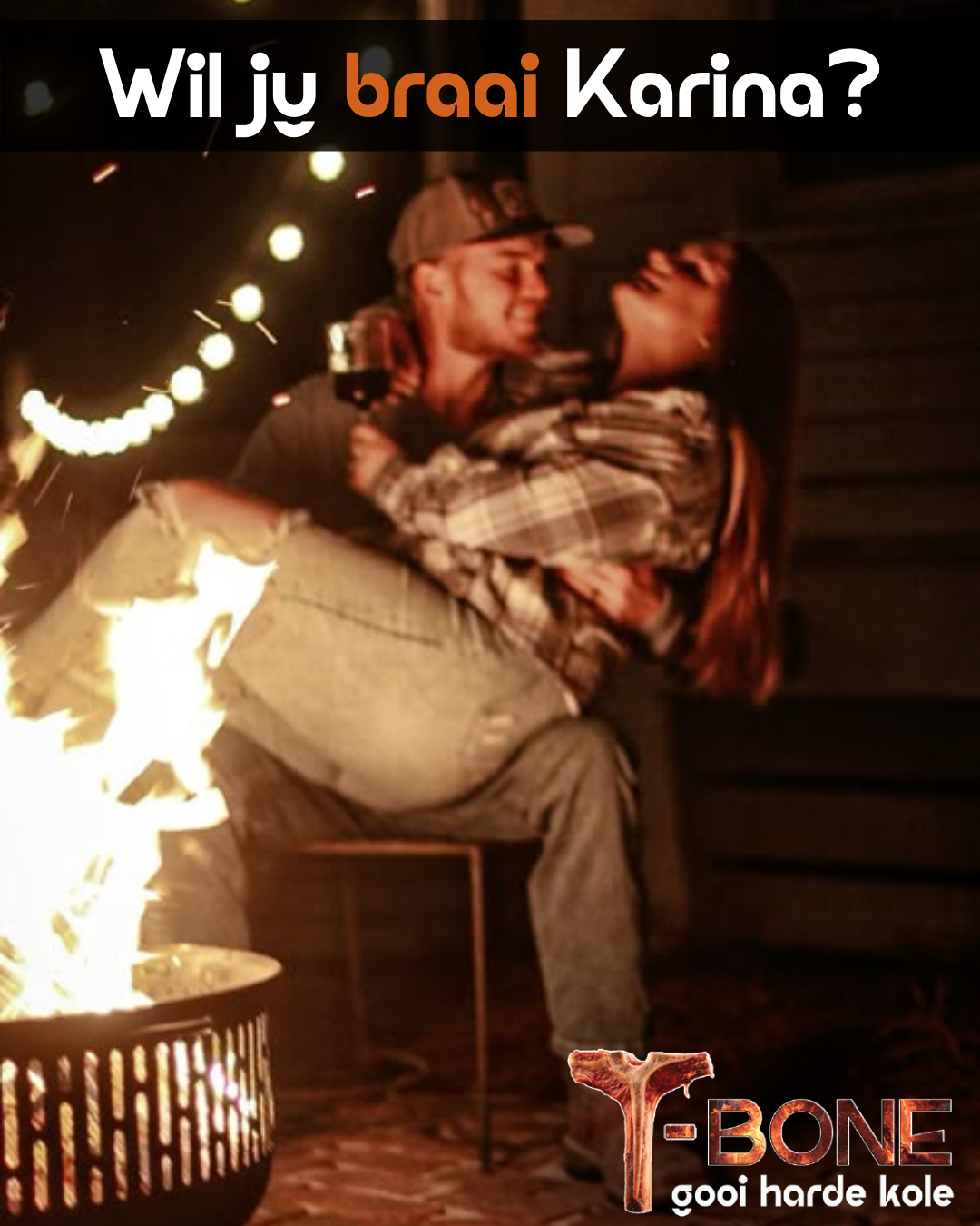 Couple embracing by a fire pit with text overlay and brand logo.