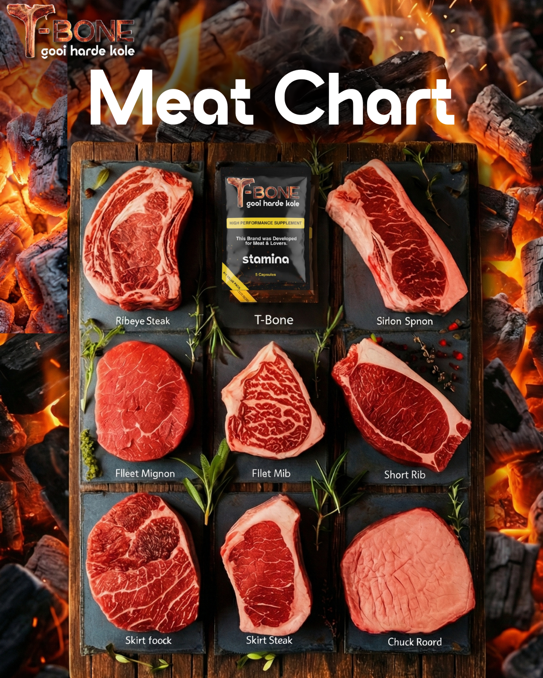 Meat chart with various cuts of meat displayed against a fiery background