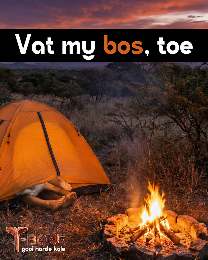 Orange tent and campfire in a natural setting with text overlay