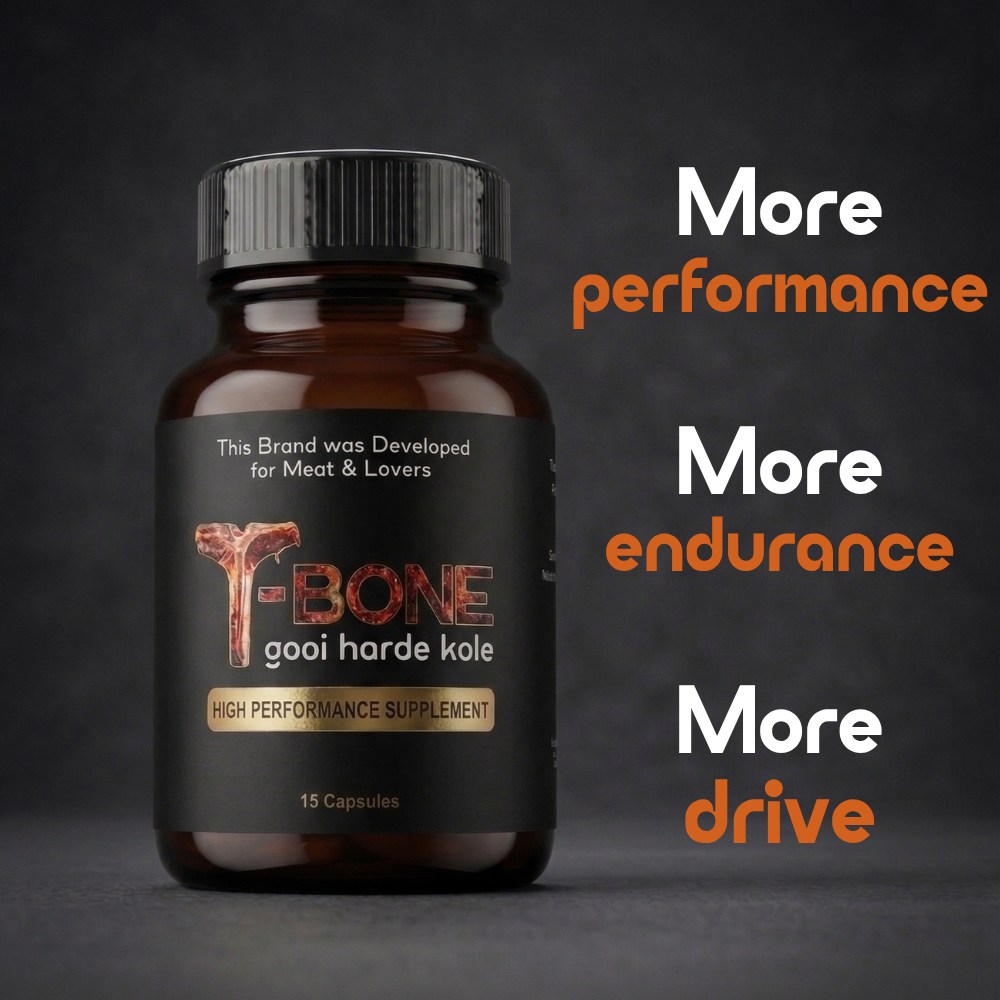 Supplement bottle labeled 'T-Bone' with promotional text on a dark background
