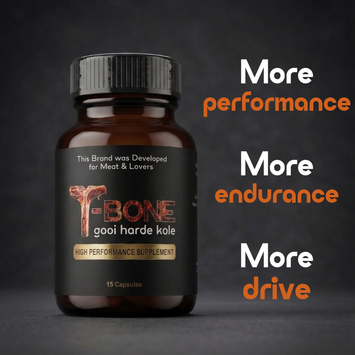 Supplement bottle labeled 'T-Bone' with promotional text on a dark background