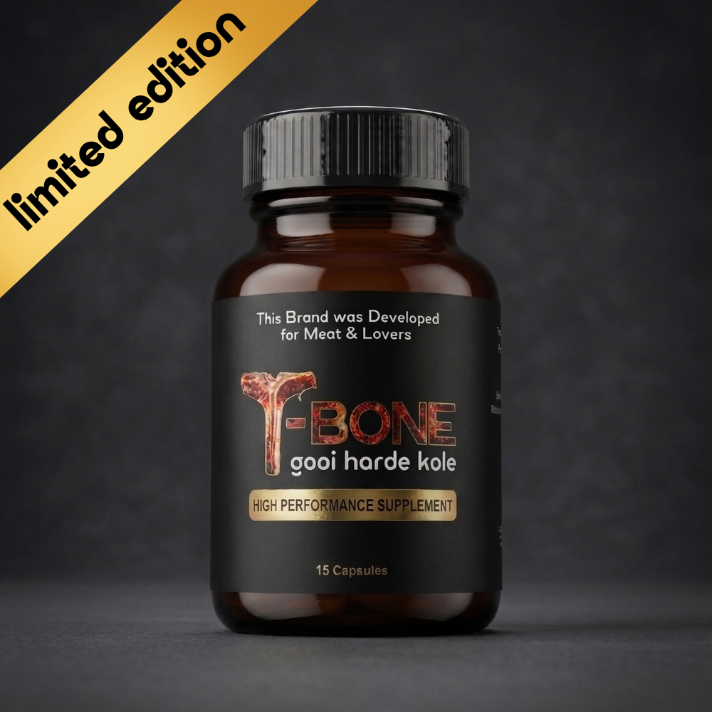 T-Bone high performance supplement bottle with a dark background