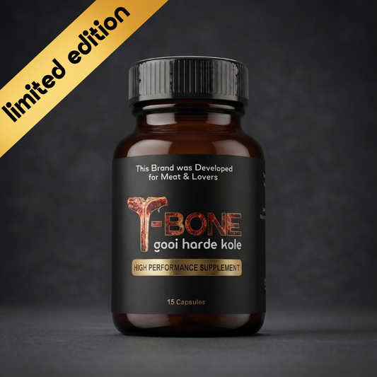 T-Bone high performance supplement bottle with a dark background