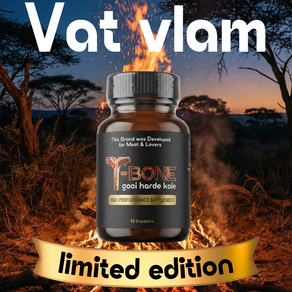 Supplement bottle labeled 'T-Bone' with a fire and 'Vat Vlam' text in an outdoor setting.