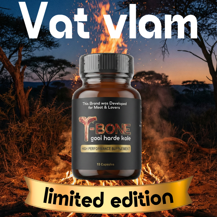 Supplement bottle labeled 'T-Bone' with a fire and 'Vat Vlam' text in an outdoor setting.