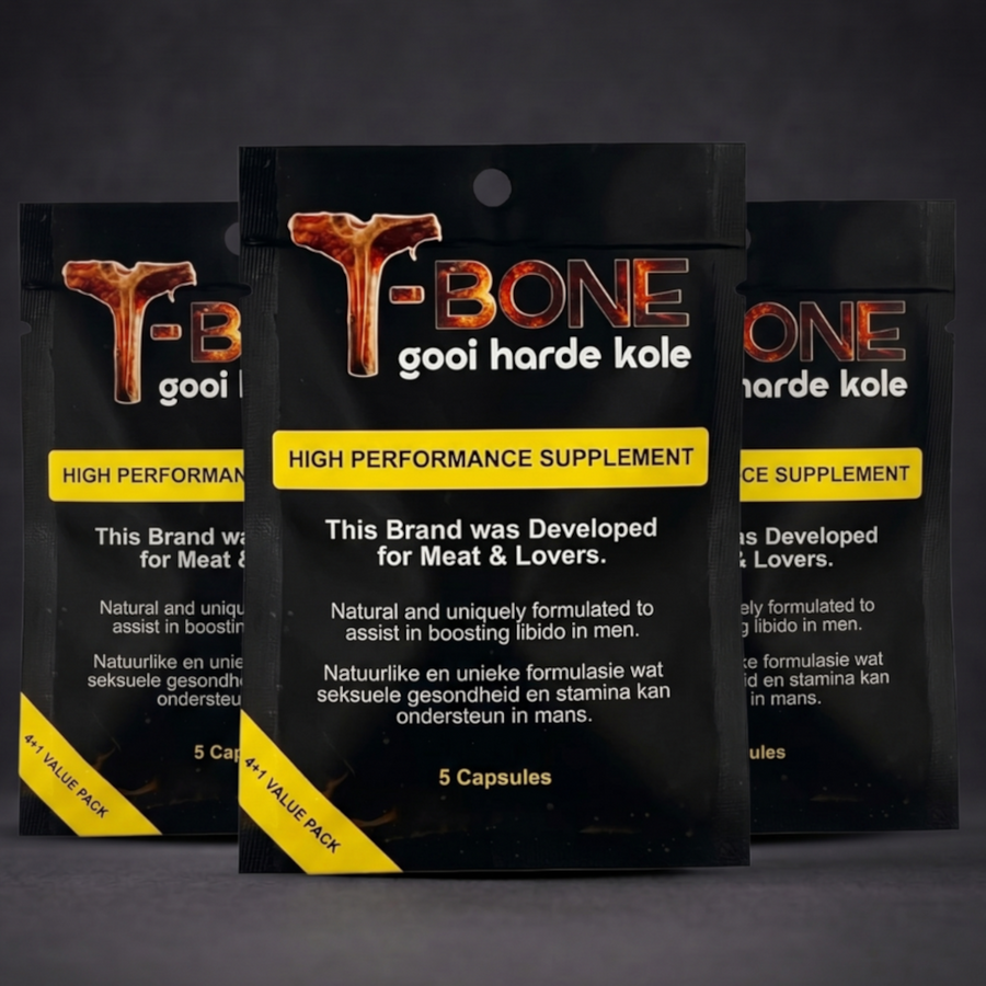 3 Sachets of T-Bone 5 capsule high performance supplement value pack sachets on a dark studio background